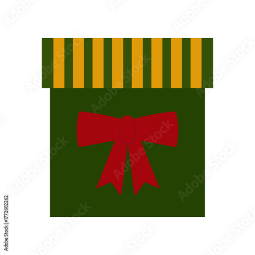 Icon Christmas gift green box with yellow stripes and a red bow, isolated on white or transparent background. Vector illustration. Close-up festive element for New Year or birthday design decoration.