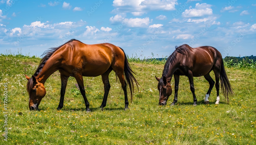 Obraz premium Thoroughbred horses feeding on a sunlit meadow, showcasing a peaceful grazing scene