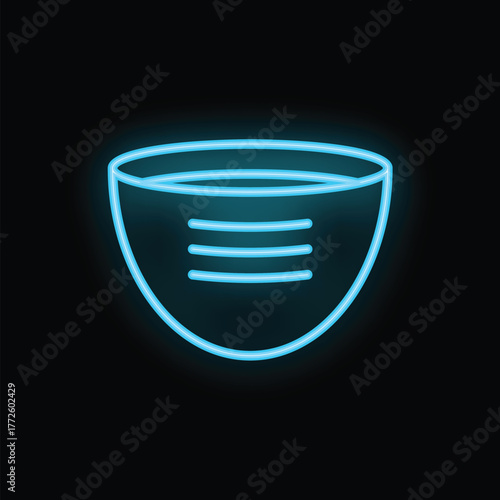 Neon blue contour of a menstrual cup glowing on a black background