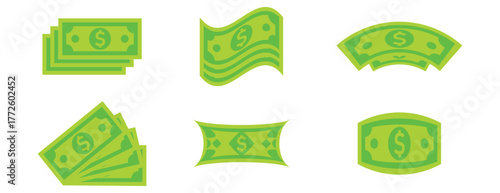 Collection of Bright Green Dollar Currency Banknote Icons in Various Flat Styles, Finance and Economy Symbols