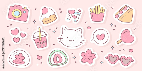 Kawaii sticker set. Collection of cute illustrations in pastel colors including cat, camera, fries, bubble tea, sunglasses, desserts, hearts, flowers and more. Lovely design elements for girls. 