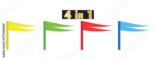 Four Colorful Pennant Flags on Poles, Simple Minimalist Markers or Finish Line Symbols