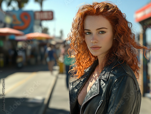 Wallpaper Mural Confident redhead woman in a black leather jacket posing on a sunny boardwalk with a lively seaside backdrop Torontodigital.ca