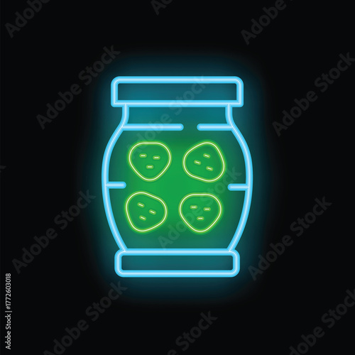 Neon sign illuminating a jar of delicious pickles, perfect for food related designs