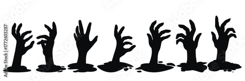 Set creepy hands bursting out of ground. Hands with twisted fingers, black silhouettes on white background. Scary hand shadow icons for Halloween vector elements