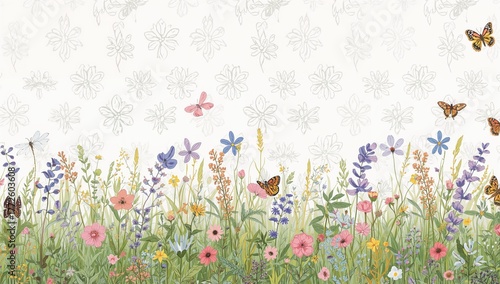 Seamless pattern of summer meadow plants and insects, decorative use for nursery design