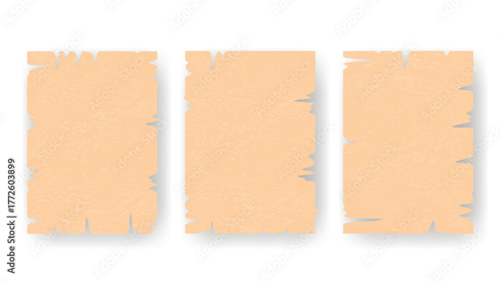 Fototapeta premium Three old paper sheets. Torn, textured kraft sheets with ragged edges for backgrounds. Templates for cards, flyers, booklets, design, vector graphics