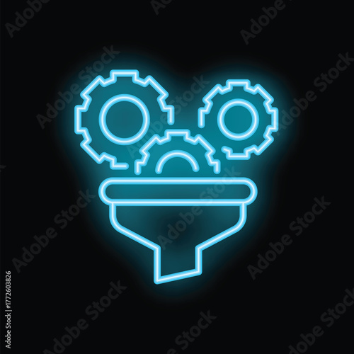 Blue neon icon of gears falling into a funnel representing lead generation on a dark background
