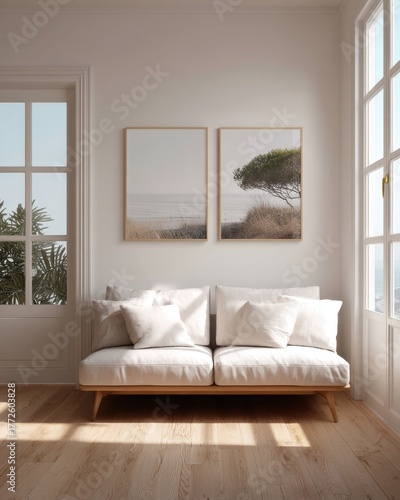 A white couch with two pillows on it