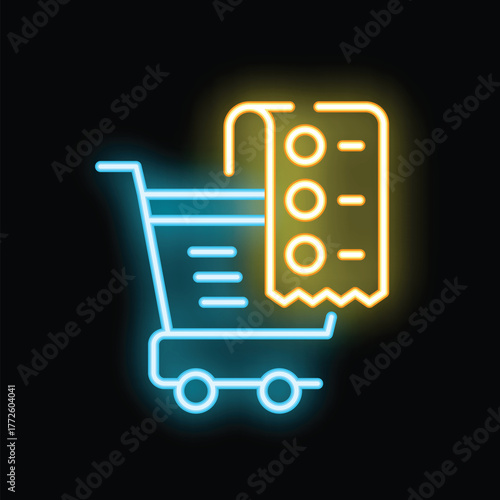 Vibrant neon shopping cart icon symbolizing the addition of items to a virtual cart, set against a dark background
