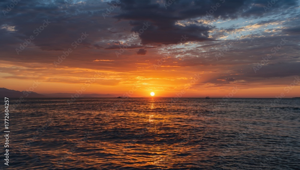Obraz premium Evening sun casting vibrant orange hues over tranquil water reflections, serene seascape scene for relaxation and exploration.