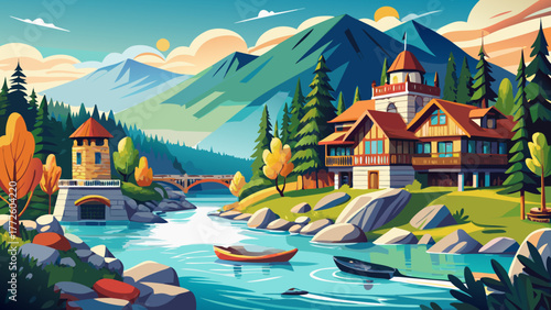 Very beautiful summer scene of visitors floating on the calm Wenatchee River near Blackbird Island in Leavenworth, Washington, USA, surrounded by lush trees and charming Bavarian-style resort architec