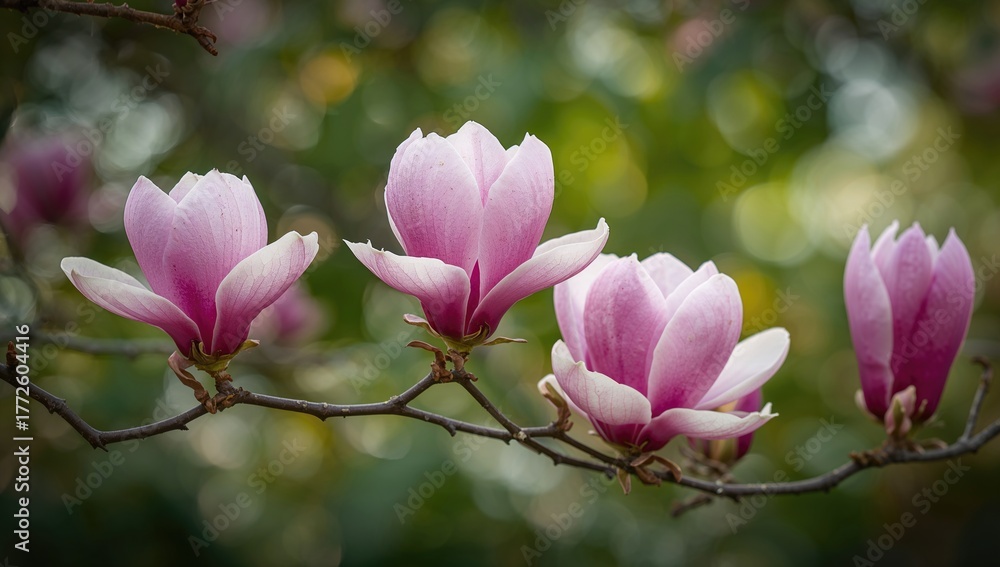 Obraz premium Magnolia tree in bloom with flowers and bokeh effect, seasonal beauty