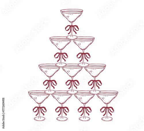 Coquette cocktail glasses tower, vector doodle illustration, whimsical sketch for party invitation, champagne drinks