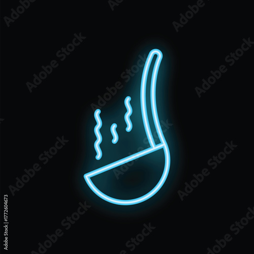 Blue neon icon of a ladle with steam coming out of it on a black background