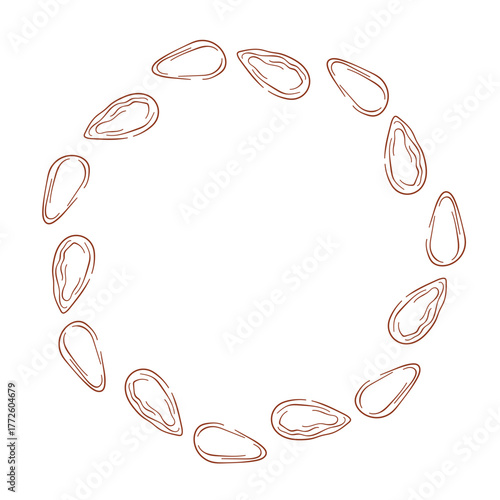 Circular frame with almond isolated on a white background. Design for food, grocery package store in line art style.