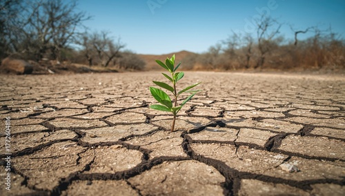 Concept for climate change, solitary plant in dry cracked soil, erosion risk