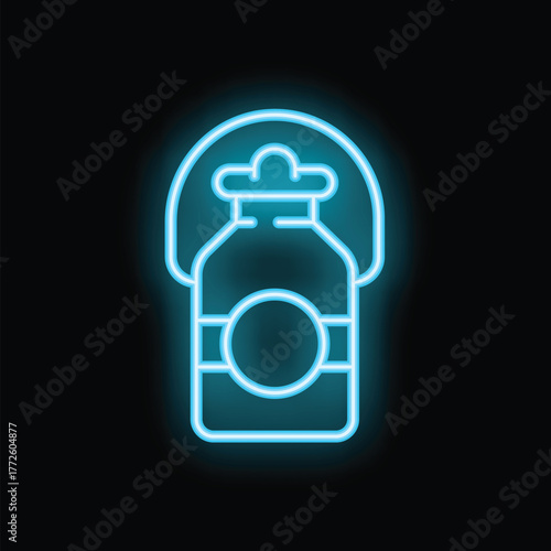 Bright neon blue icon of a milk can glowing on a dark background