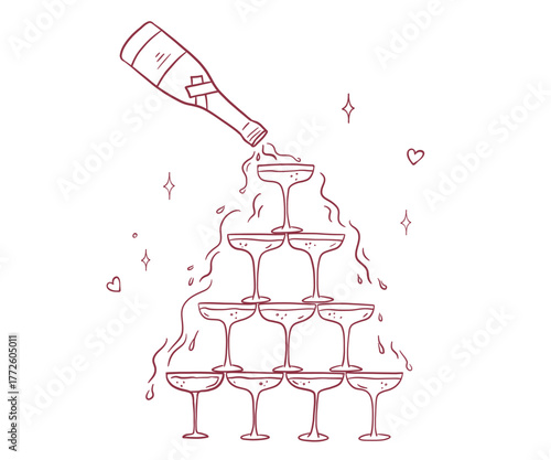 Champagne glasses tower, vector doodle illustration, whimsical sketch for party invitation, champagne drinks