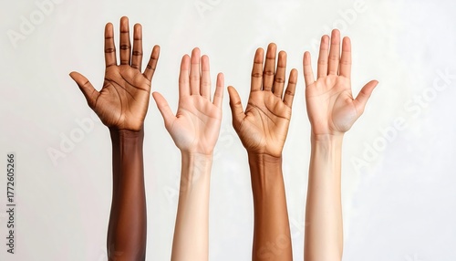 Four hands, each with a different skin tone, reach upward against a plain white background. Palms are facing forward, fingers spread