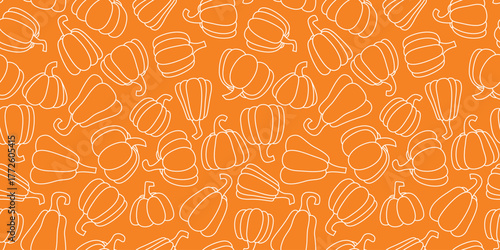 Seamless pattern silhouette of pumpkins on orange background. Autumn background with gourd vegetables. Fall vegetables for printing on paper, packaging, design, vector graphics