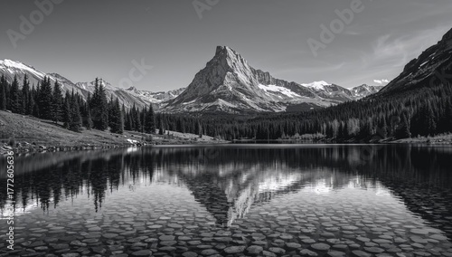 Dramatic black and white scene featuring a highland lake reflecting surrounding trees, emphasizing seasonal change