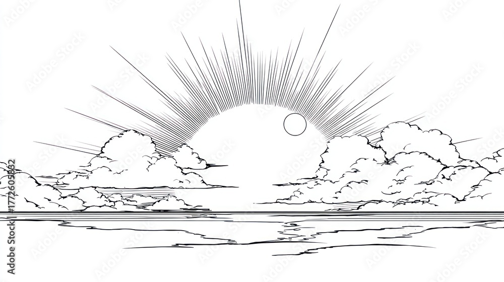 Fototapeta premium Dramatic monochrome sunrise over water with clouds and radiating light