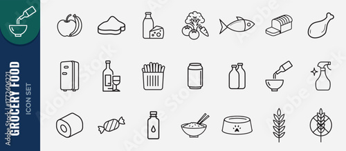 Grocery food icon. Illustration of Grocery Icon set. Vector icon set of meat, fish, fruits, beverage, medicine.