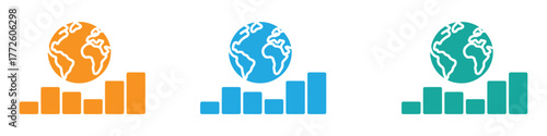 Dynamic global growth charts showing upward trends with vibrant planet icons in orange, blue, and teal, perfect for business analytics and worldwide success presentations.