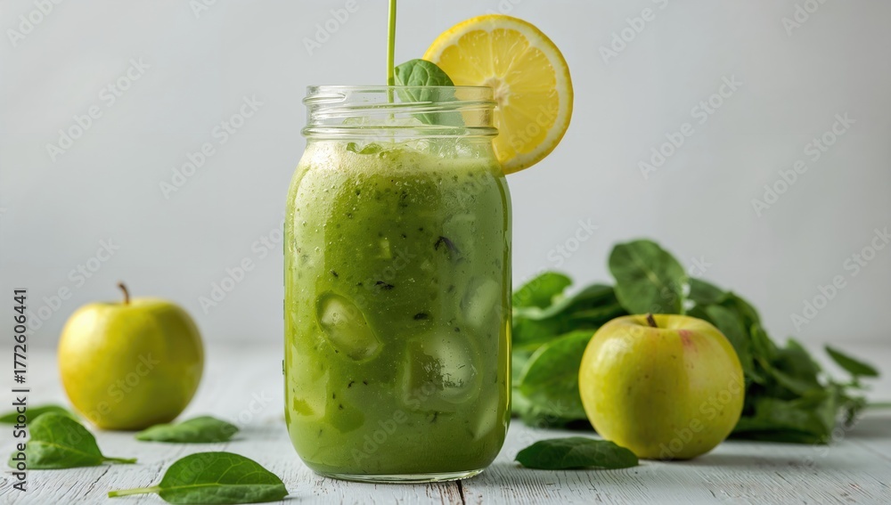 Fototapeta premium Fresh green spinach and apple detox smoothie in a jar with lemon, fiber-dense choice