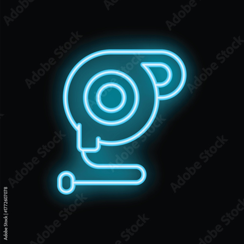 Bright neon webcam glowing on a black background