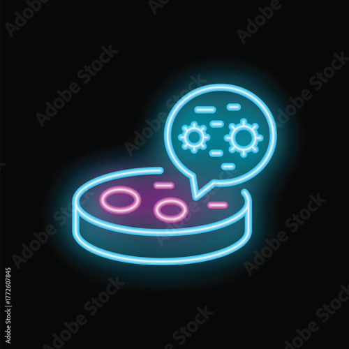 Neon style icon of a petri dish being infected with a virus, representing concepts such as scientific research and virology