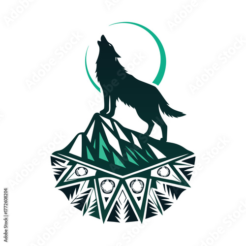 Wolf Howling at Moon Tribal Mountain Design A solid black silhouette of a lone wolf howling at a full moon