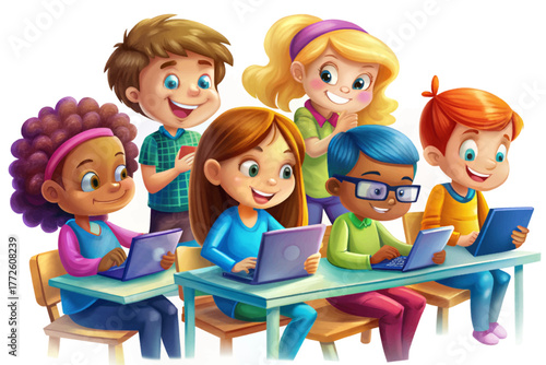 Group of school children sitting at table using tablets and laptop for digital classroom learning