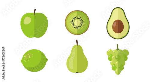 Fresh green fruits collection: apple, kiwi, avocado, lime, pear, grapes in flat design