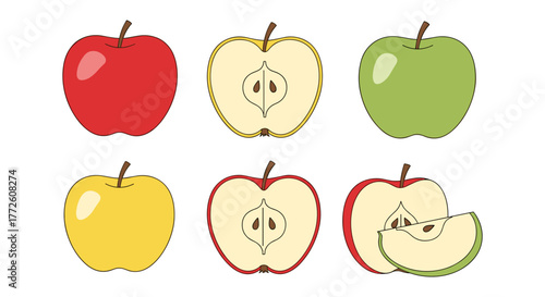 Variety of apples: whole and sliced red, green, yellow on white background