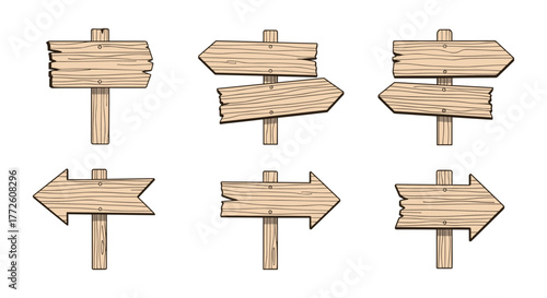 Rustic wooden signposts set in various arrow shapes and designs