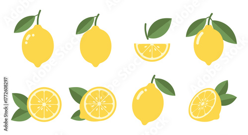 Fresh citrus set with whole and sliced lemons in flat design