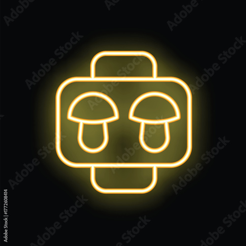 Yellow neon sign depicting a mushroom farm growing kit on a black background