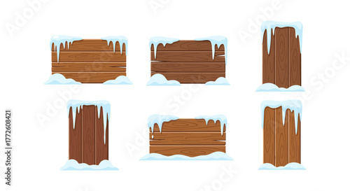 Set of wooden planks with snow caps and winter icicles on white