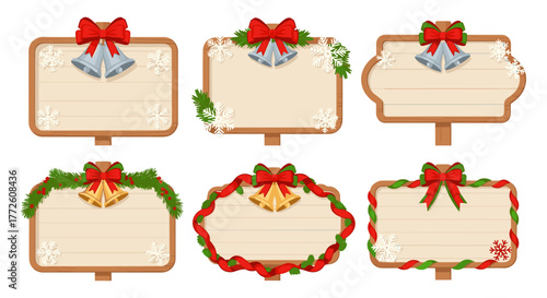 Festive christmas sign set with ribbons and snowflakes for seasonal greetings