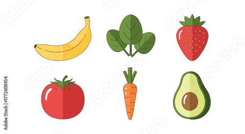 Colorful flat style fruit and vegetable icons collection for healthy food design