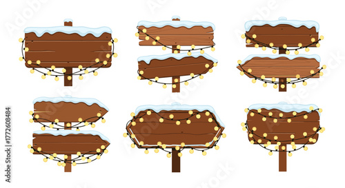 Festive winter wooden signs with snow and string lights