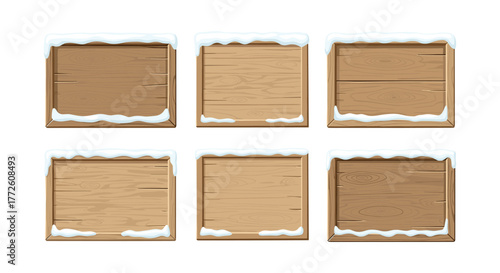 Snow-covered wooden signs set with frosty borders for winter design