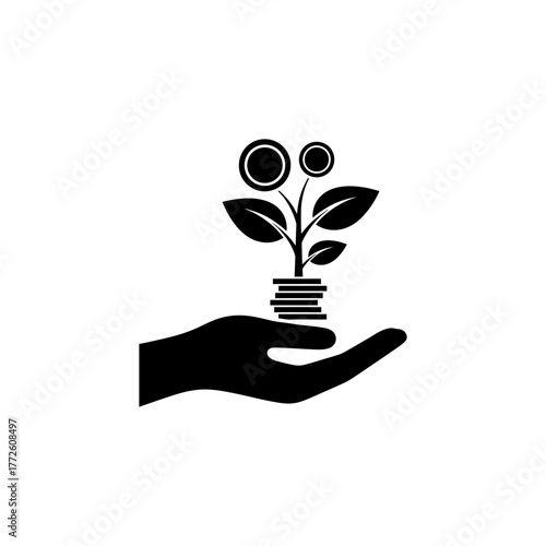 Hand holding plant growing from coins symbolizing investment and financial growth in a sustainable way, conveying hope and prosperity.