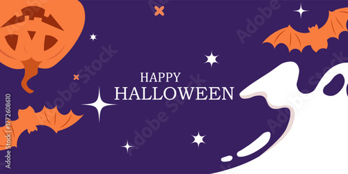 halloween background, banner. Happy Halloween vector illustration with ghost, bats and pumpkin