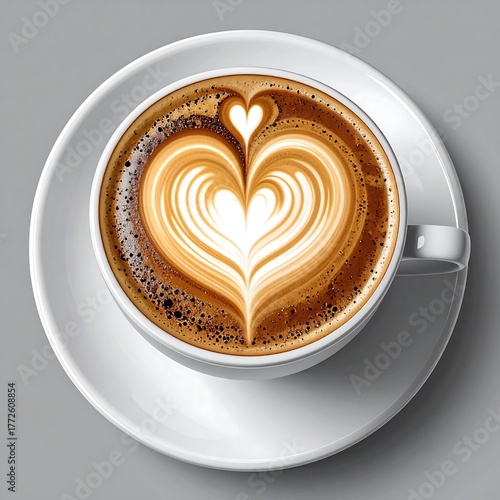 Overhead view of a cappuccino with intricate heart-shaped latte art