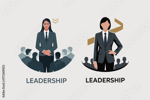Two business leaders stand tall with diverse teams supporting them embodying the essence of effective leadership and team empowerment in professional settings.
