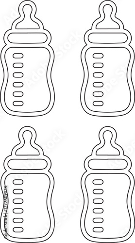 Set of Baby bottles Outline vector illustration isolated On Transparent Background