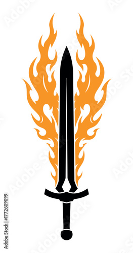 Stylized black silhouette of a sword engulfed in flames isolated on white background